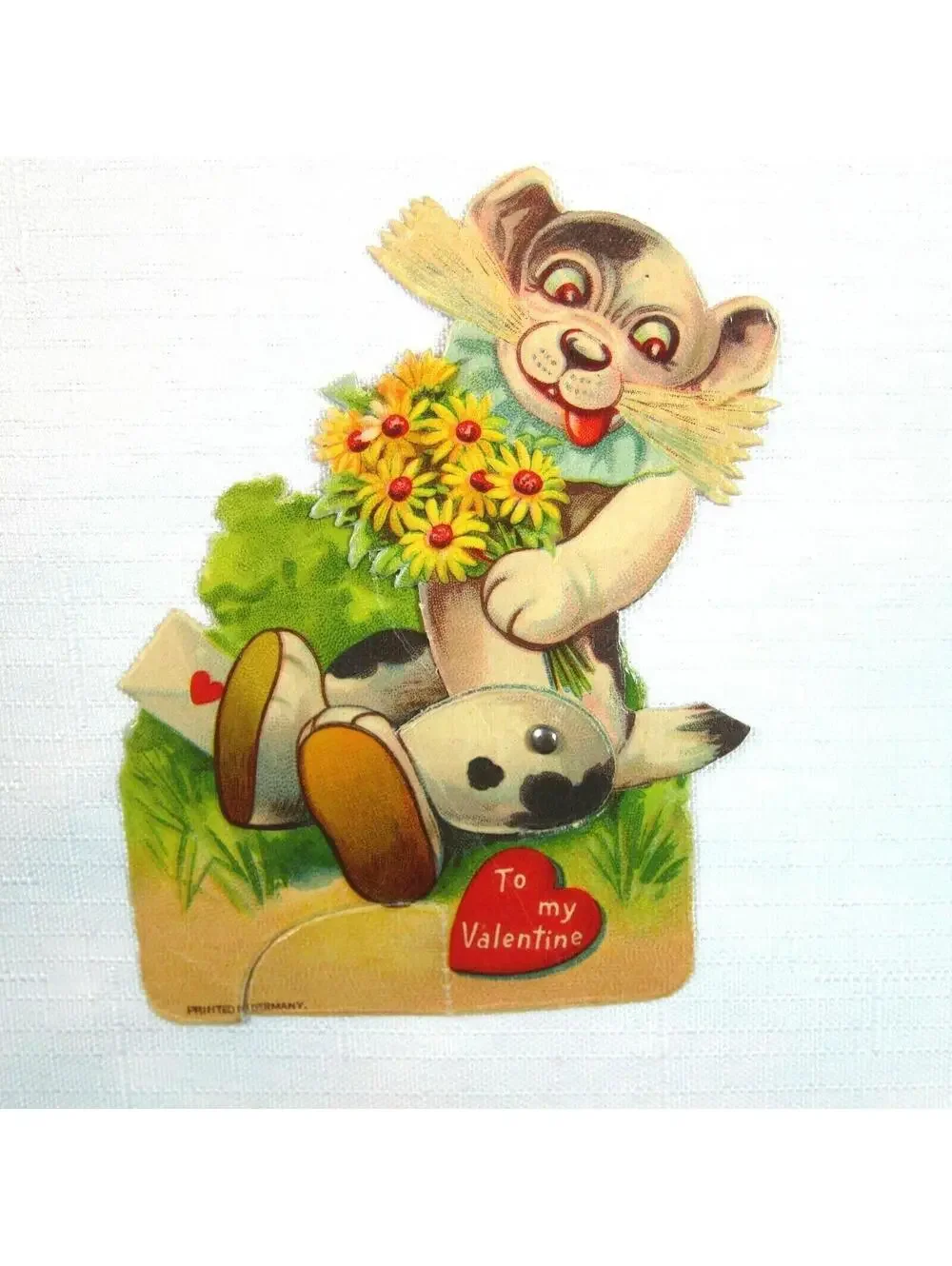 Vintage Valentine Card Mechanical Puppy Dog w/ Flowers Stand Up Germany 1920-30s